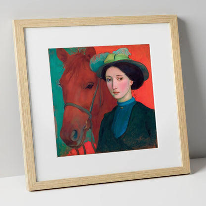 Crimson and Teal Bond horse & rider art print in natural frame