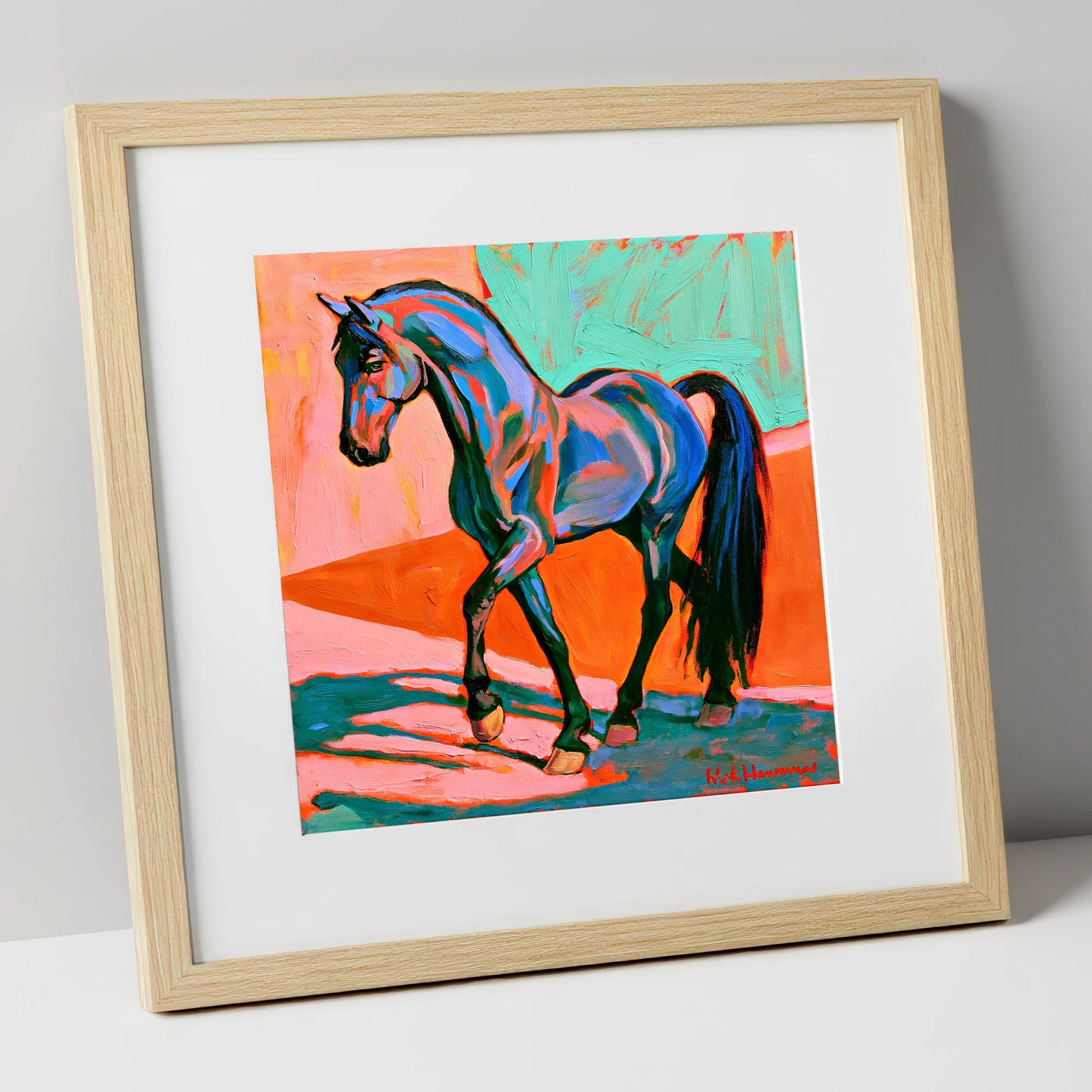 Vibrant Blue Contemporary Horse horse breed art print in natural frame