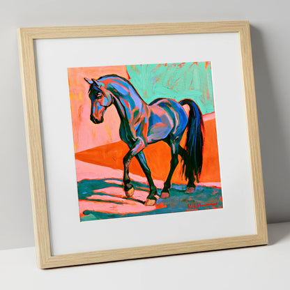 Vibrant Blue Contemporary Horse horse breed art print in natural frame