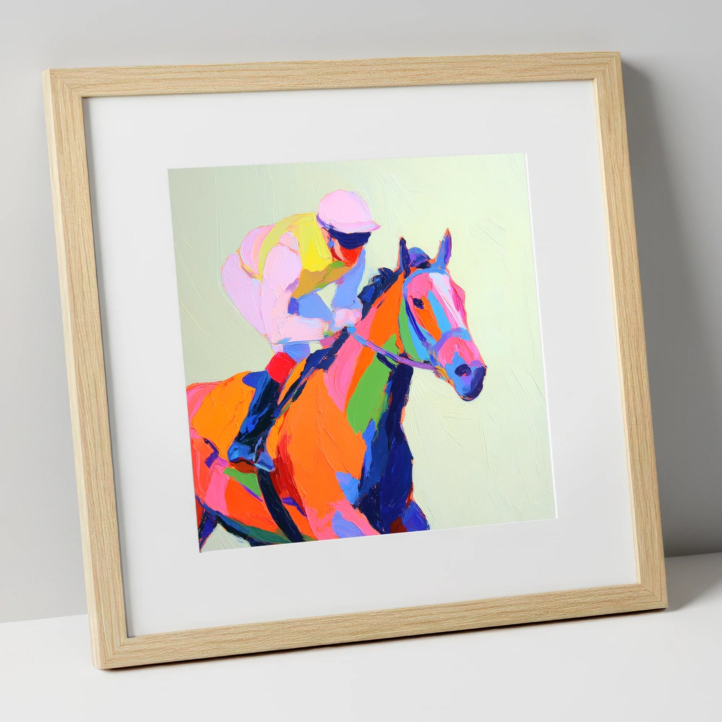 Vibrant Final Furlong racing horse art print in natural frame