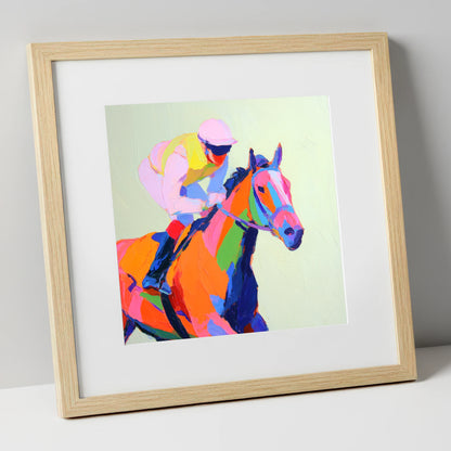 Vibrant Final Furlong racing horse art print in natural frame