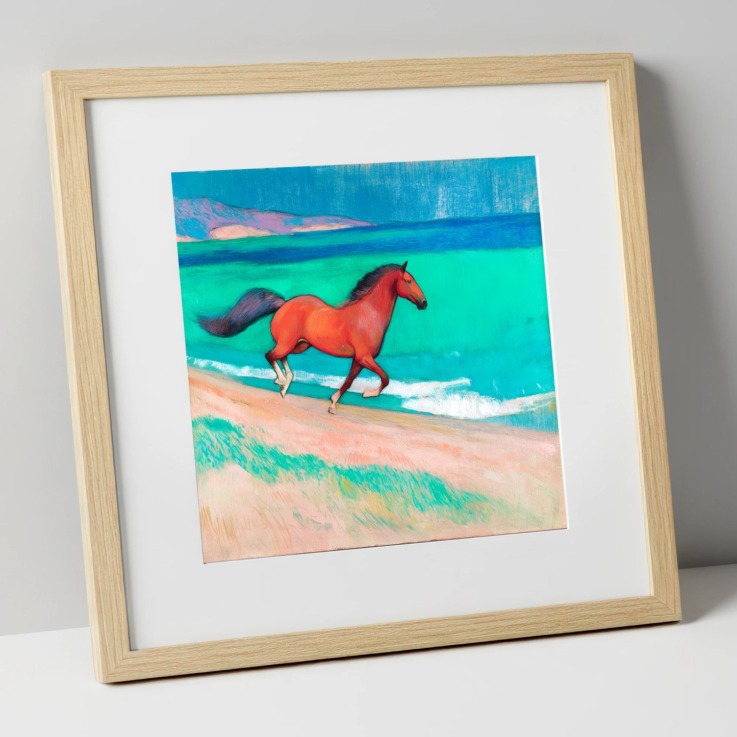 Crimson Coastal Canter horse landscape art print in natural frame