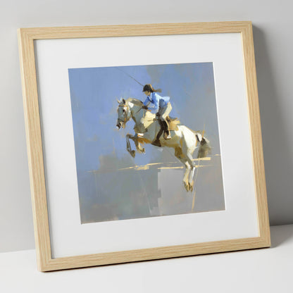 Soaring in Slate show jumping horse art print in natural frame