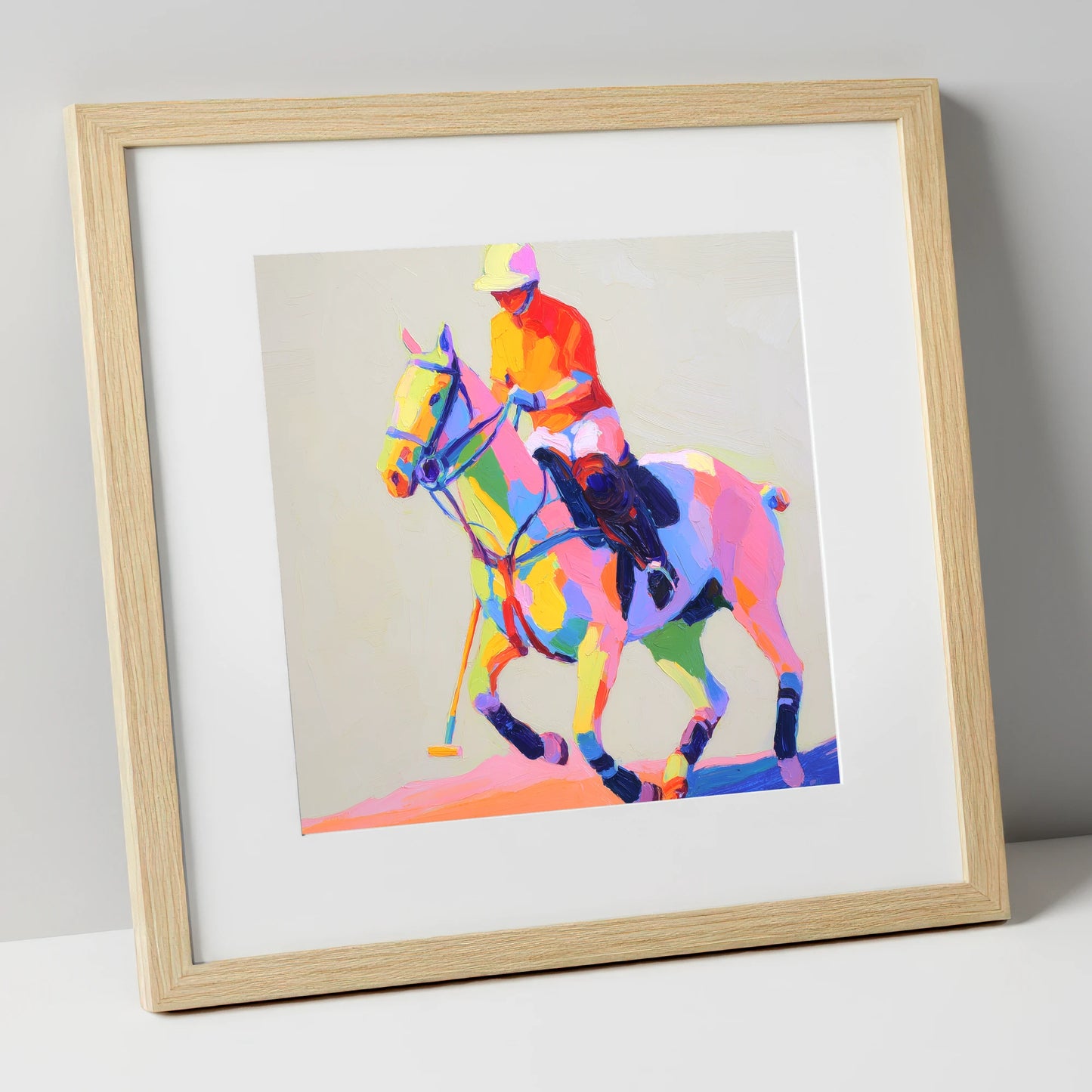 Vibrant Polo Pace polo horse art print in natural frame