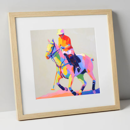 Vibrant Polo Pace polo horse art print in natural frame