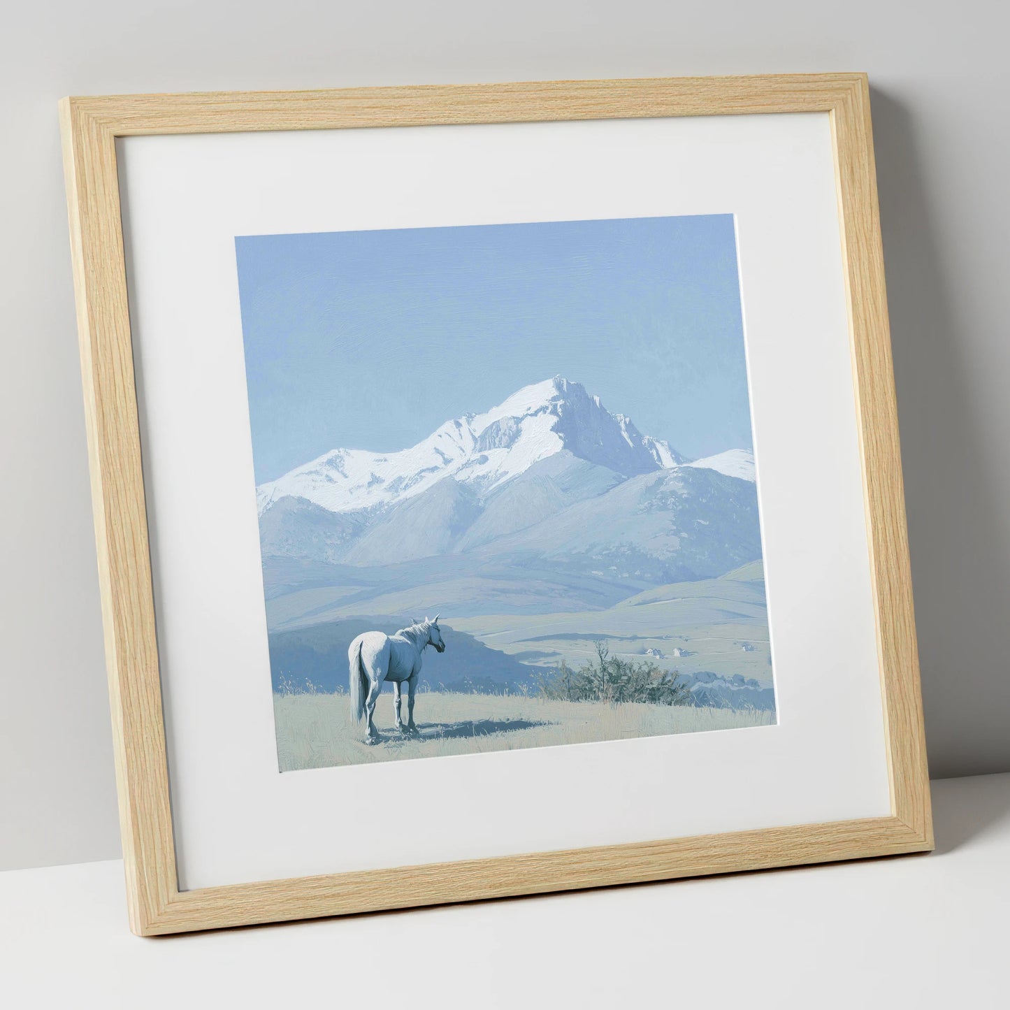 Alpine Solitude horse landscape art print in natural frame