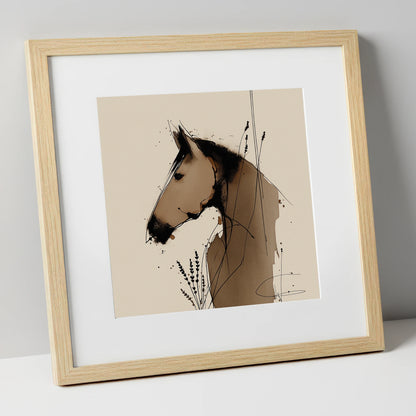 Earthy Equine Silhouette horse portrait art print in natural frame