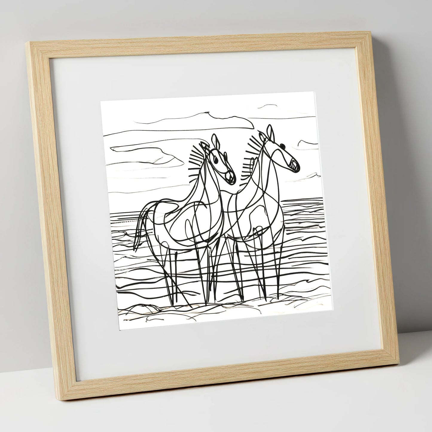 Linear Equine Companions horse landscape art print in natural frame