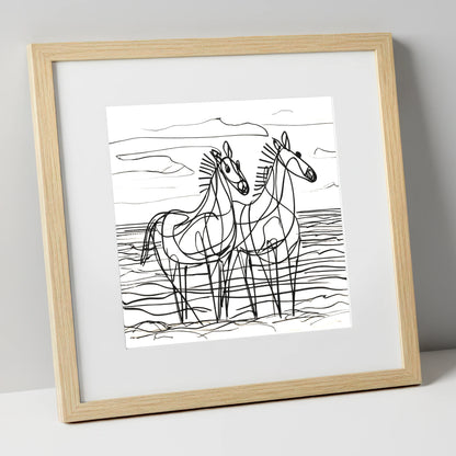 Linear Equine Companions horse landscape art print in natural frame
