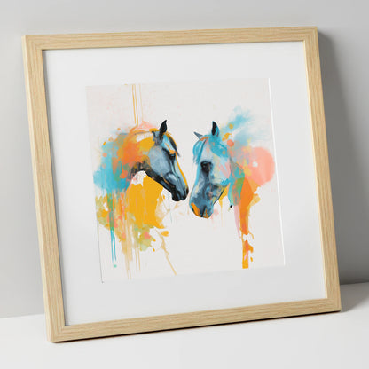 Spirited Bond horse portrait art print in natural frame