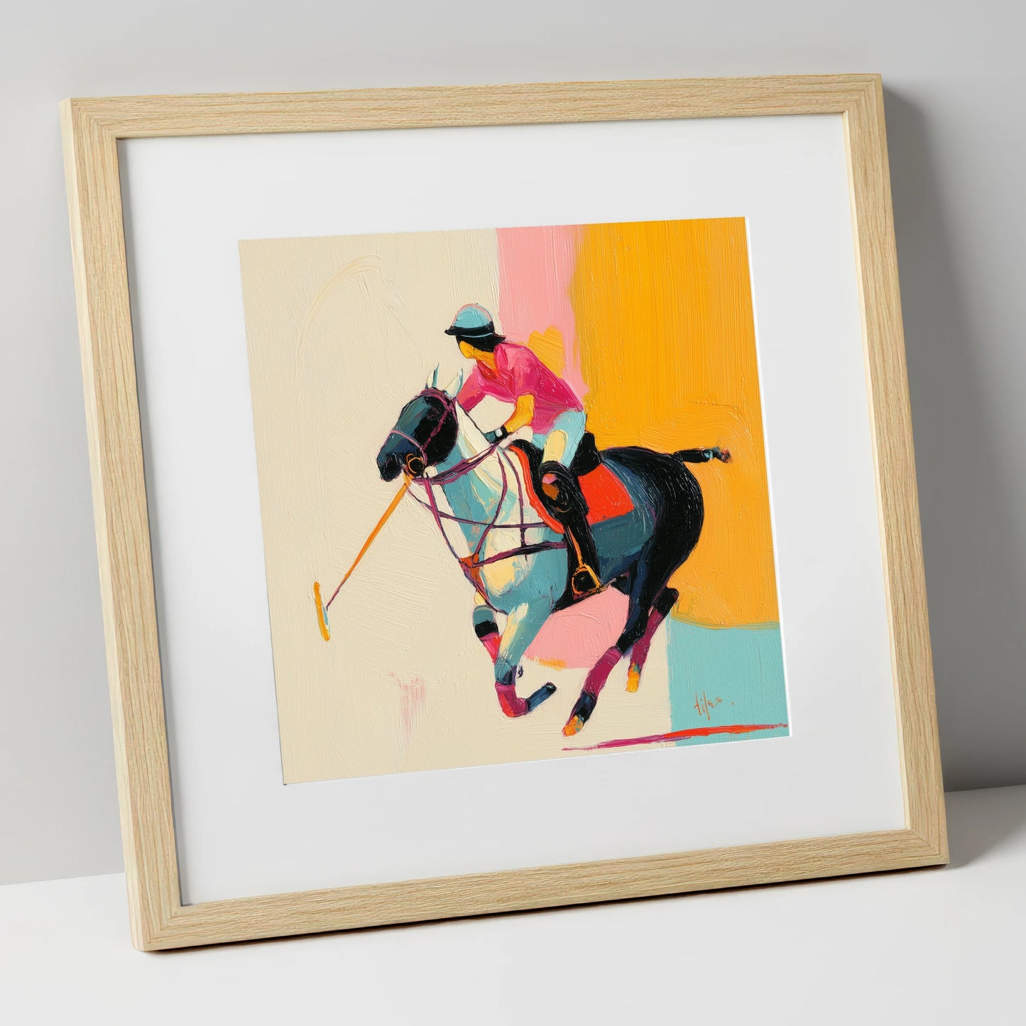 Vibrant Polo Strike polo horse art print in natural frame