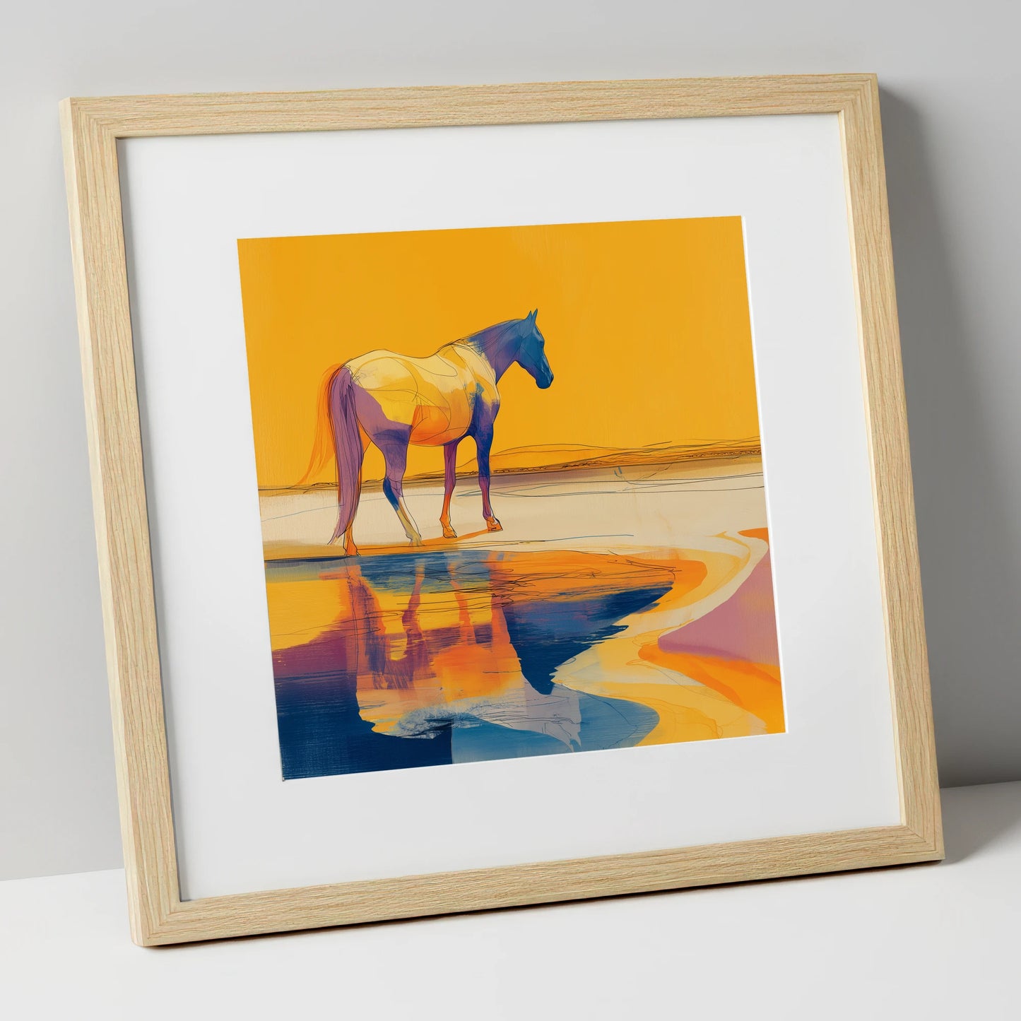 Golden Equine Mirage horse landscape art print in natural frame