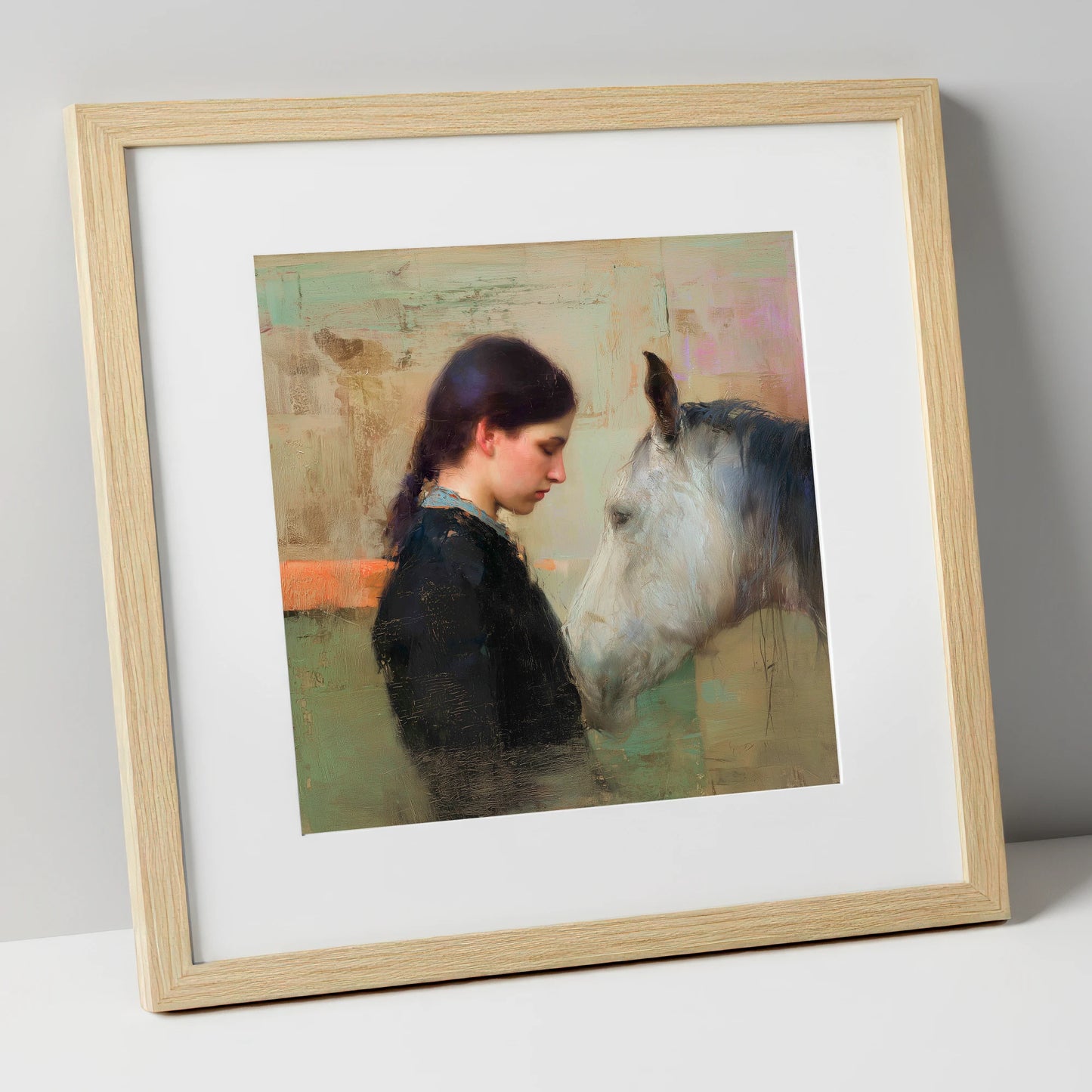 The Silent Bond horse & rider art print in natural frame