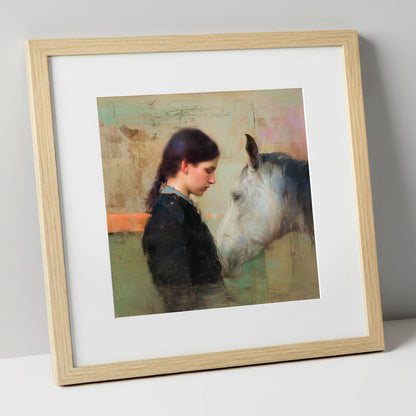 The Silent Bond horse & rider art print in natural frame