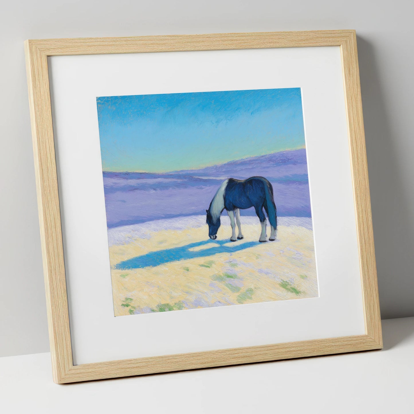 Indigo Shadow Grazing working horse art print in natural frame