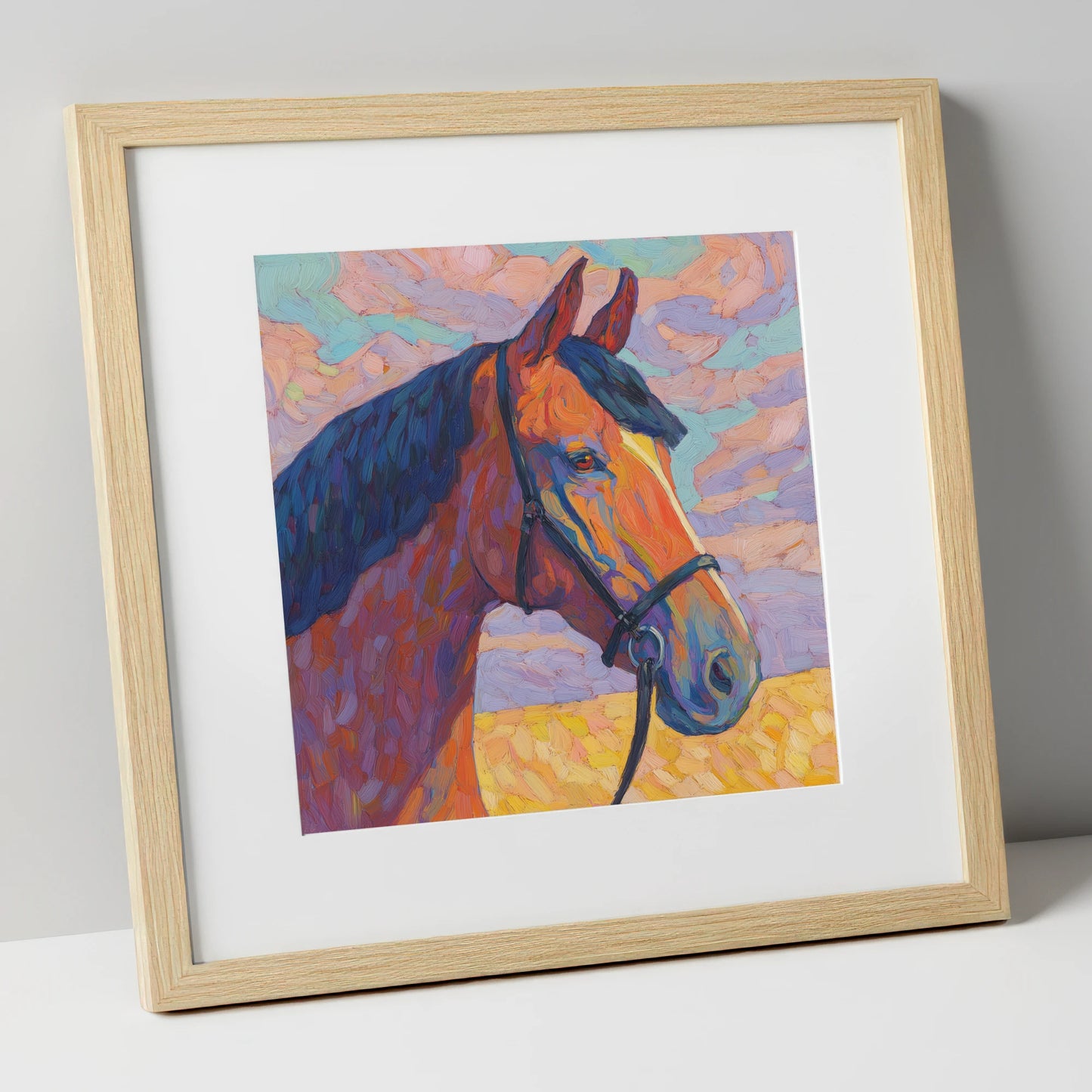 Painted Bay Profile horse portrait art print in natural frame