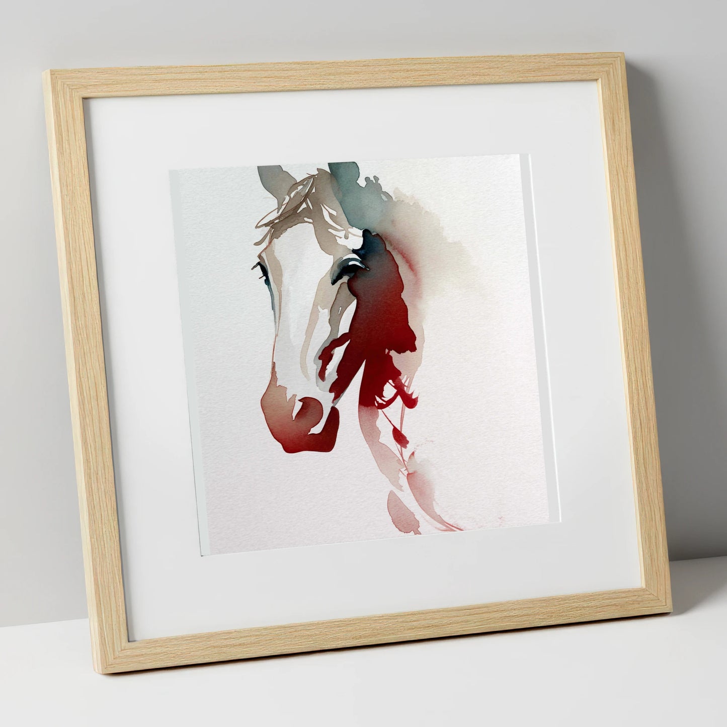 Ethereal Crimson Profile horse portrait art print in natural frame