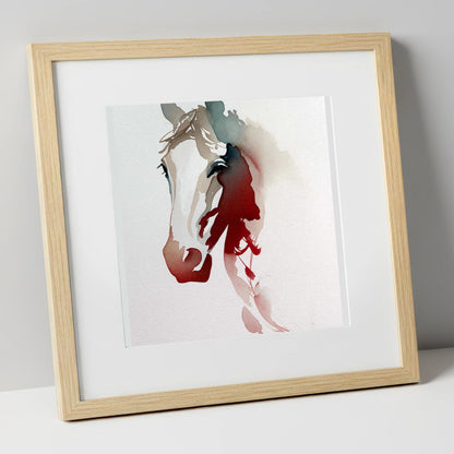 Ethereal Crimson Profile horse portrait art print in natural frame