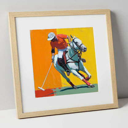 Mid-Swing Momentum polo horse art print in natural frame