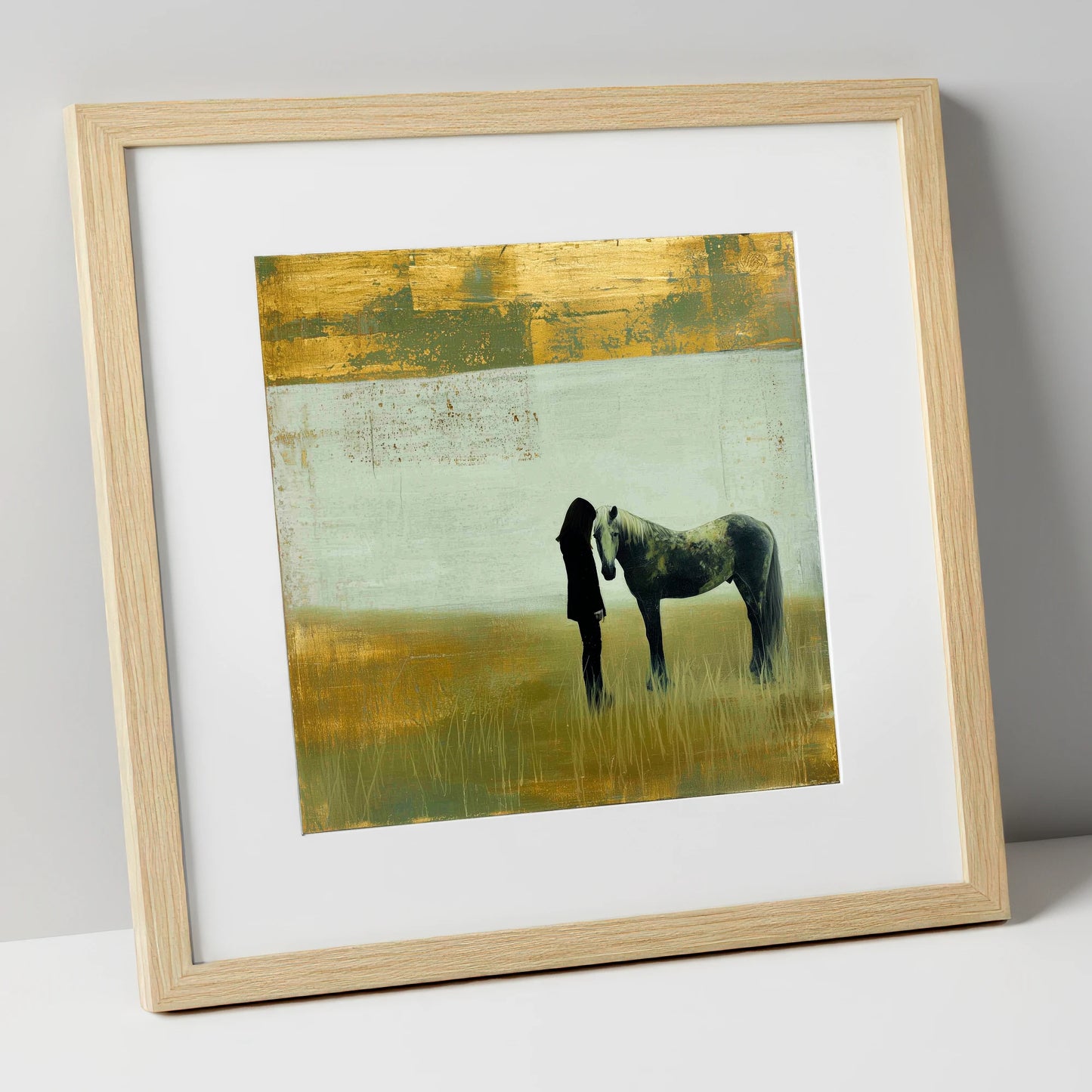 Silent Understanding horse & rider art print in natural frame