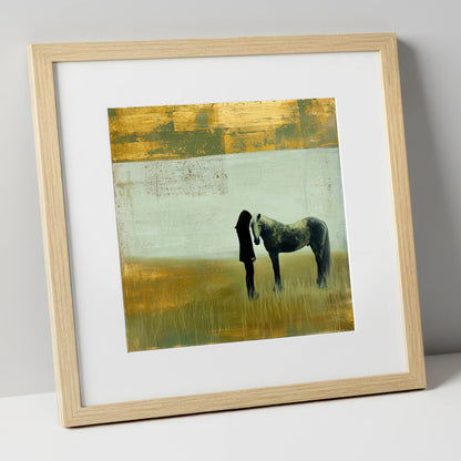 Silent Understanding horse & rider art print in natural frame