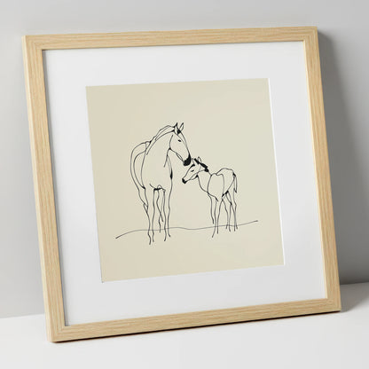 Quiet Maternal Bond mare & foal art print in natural frame
