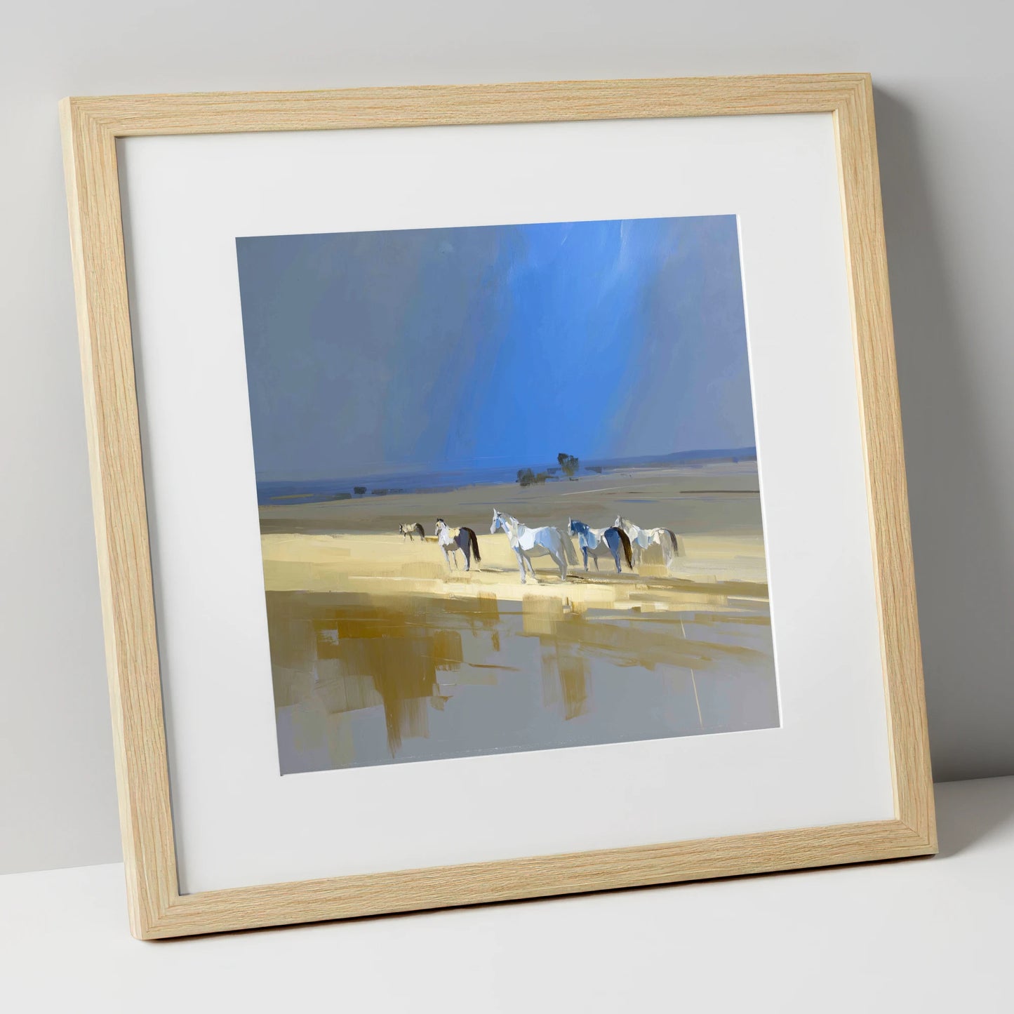Sunlit Shallows horse landscape art print in natural frame