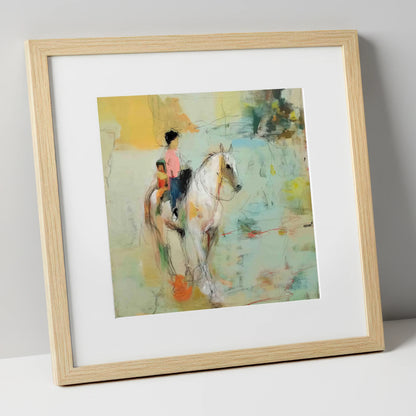 The Shared Ride horse & rider art print in natural frame