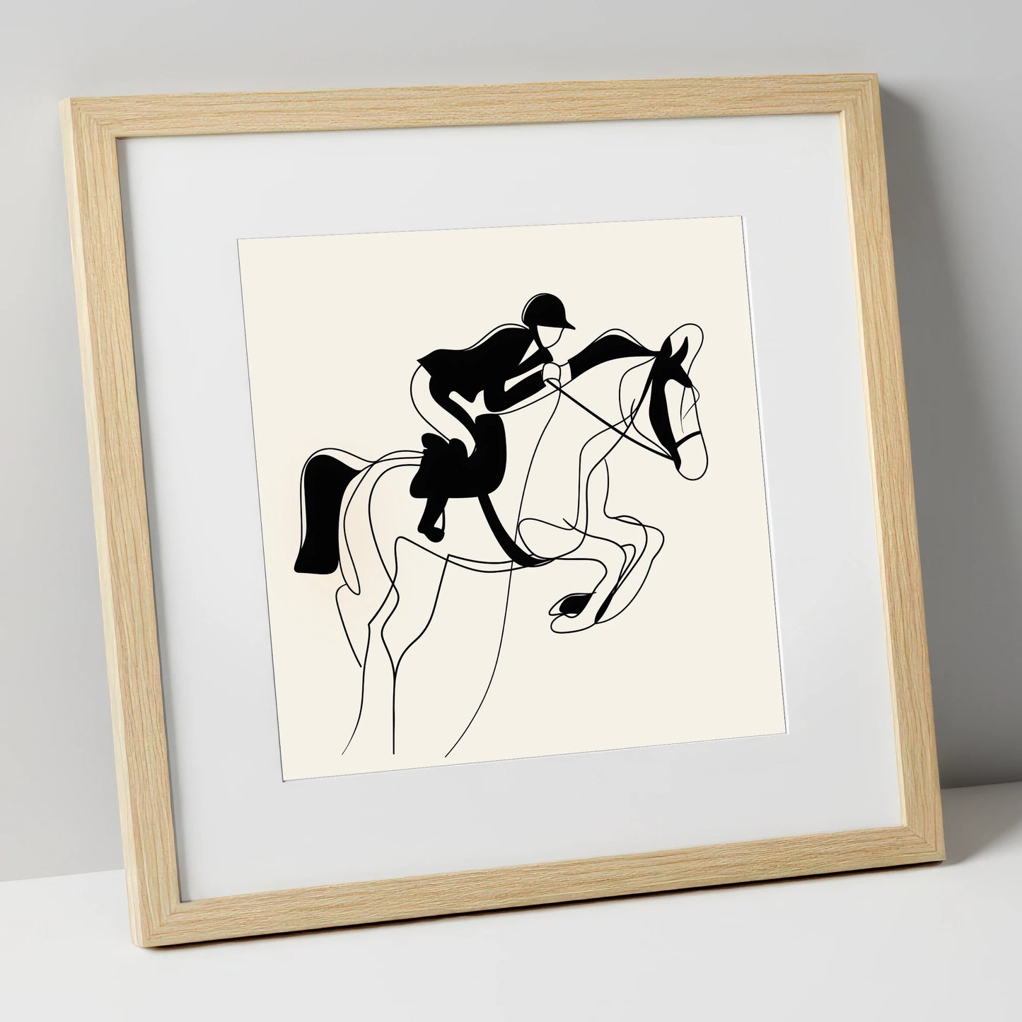 Grace in Flight show jumping horse art print in natural frame