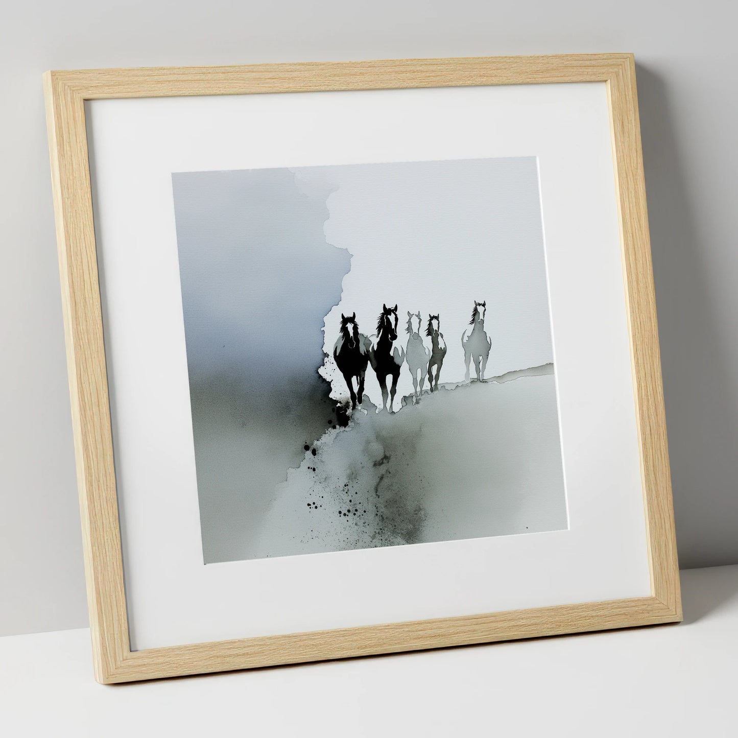 Emerging From the Mist wild horses art print in natural frame