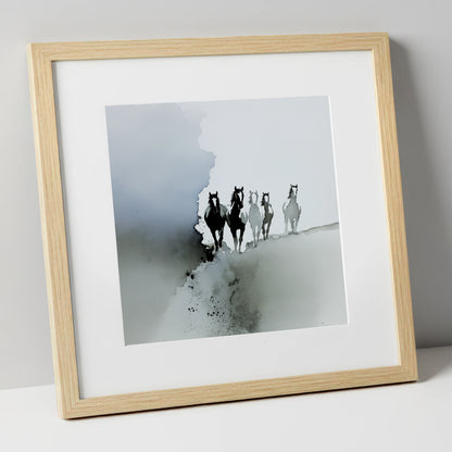Emerging From the Mist wild horses art print in natural frame