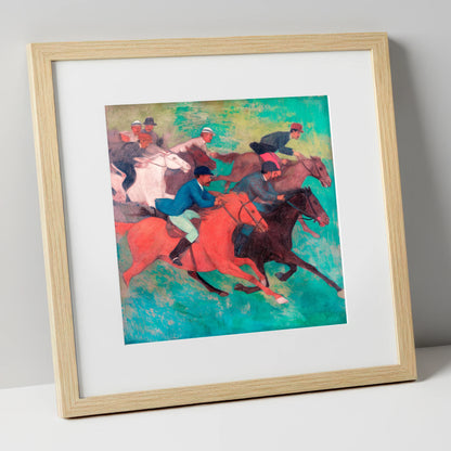 The Crimson Stride racing horse art print in natural frame
