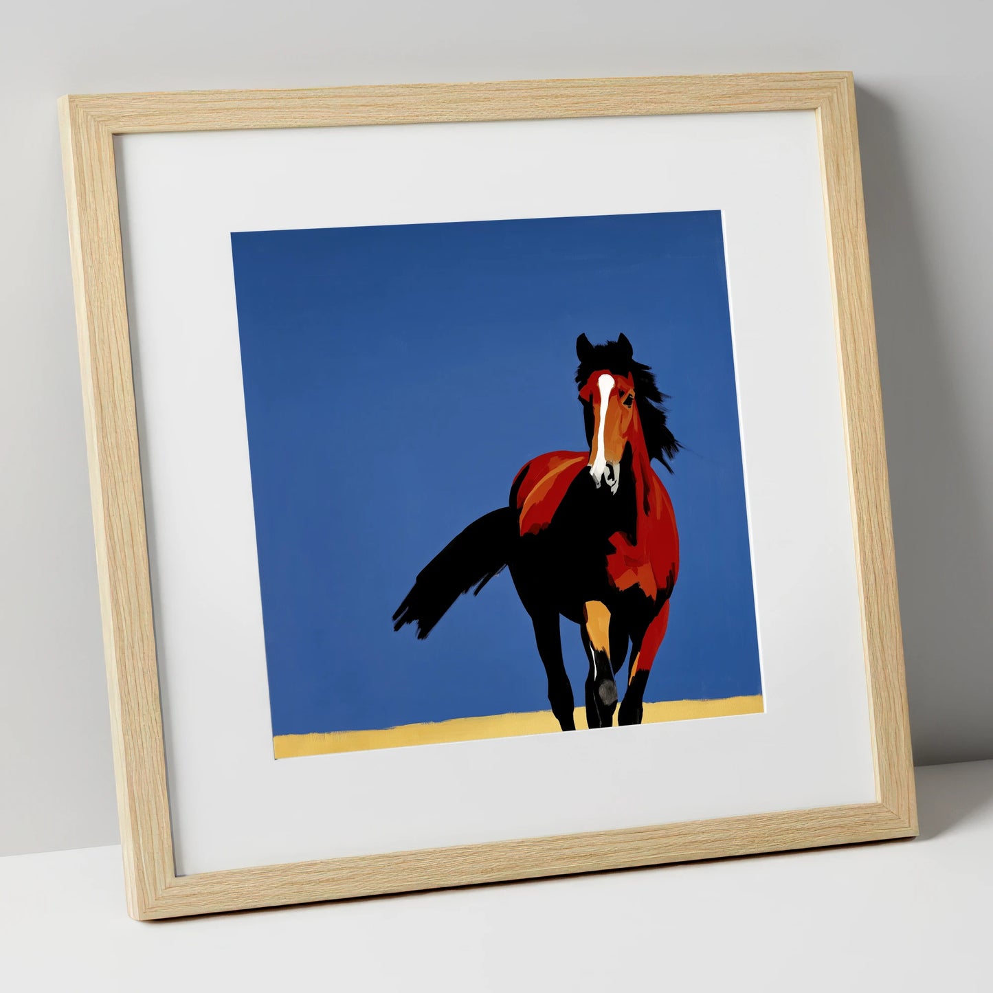 Striking Cobalt Bay horse portrait art print in natural frame