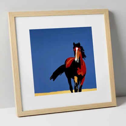 Striking Cobalt Bay horse portrait art print in natural frame
