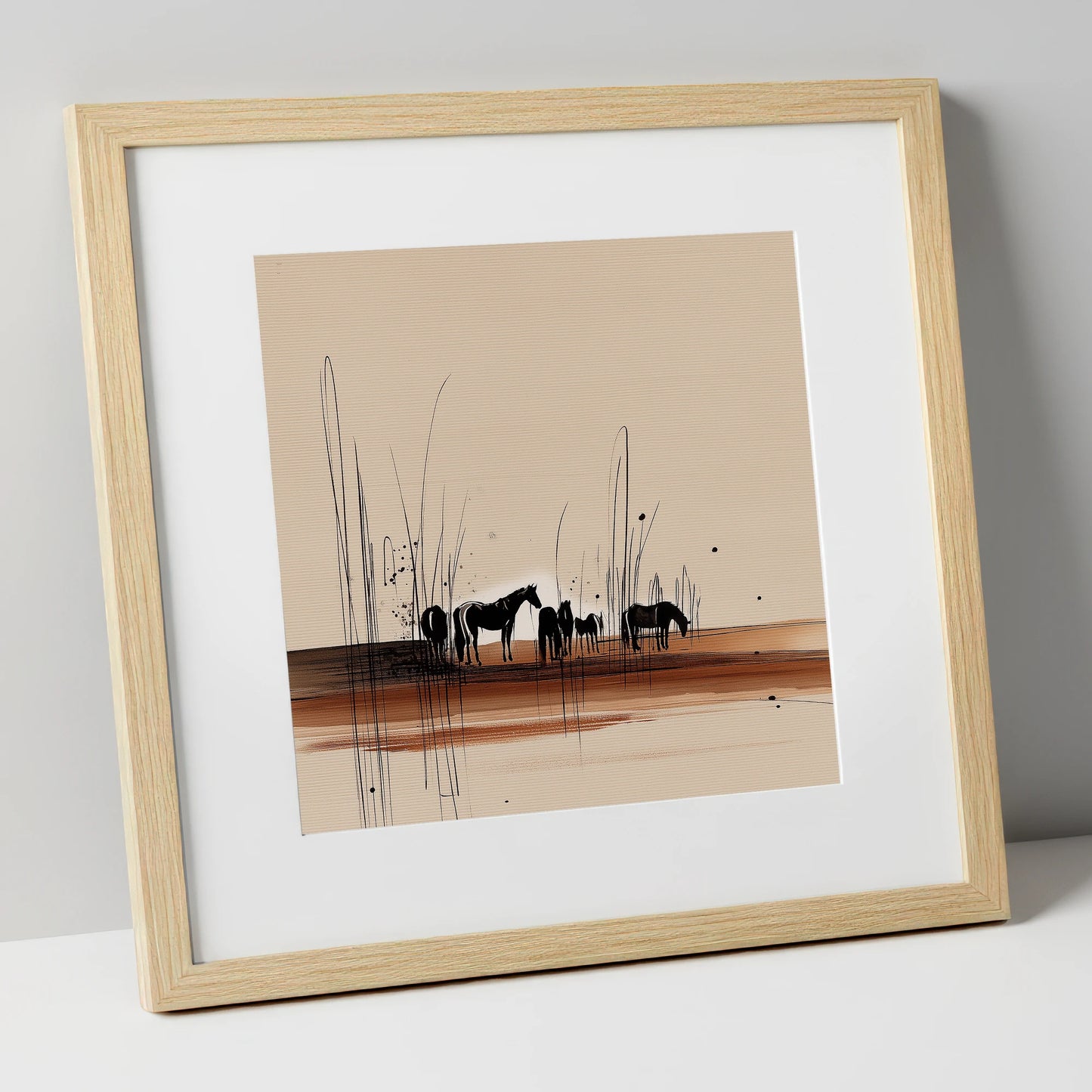 Whispers in the Reeds horse landscape art print in natural frame