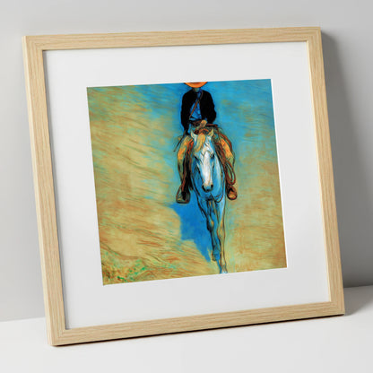 The Blue Trail Rider western horse art print in natural frame