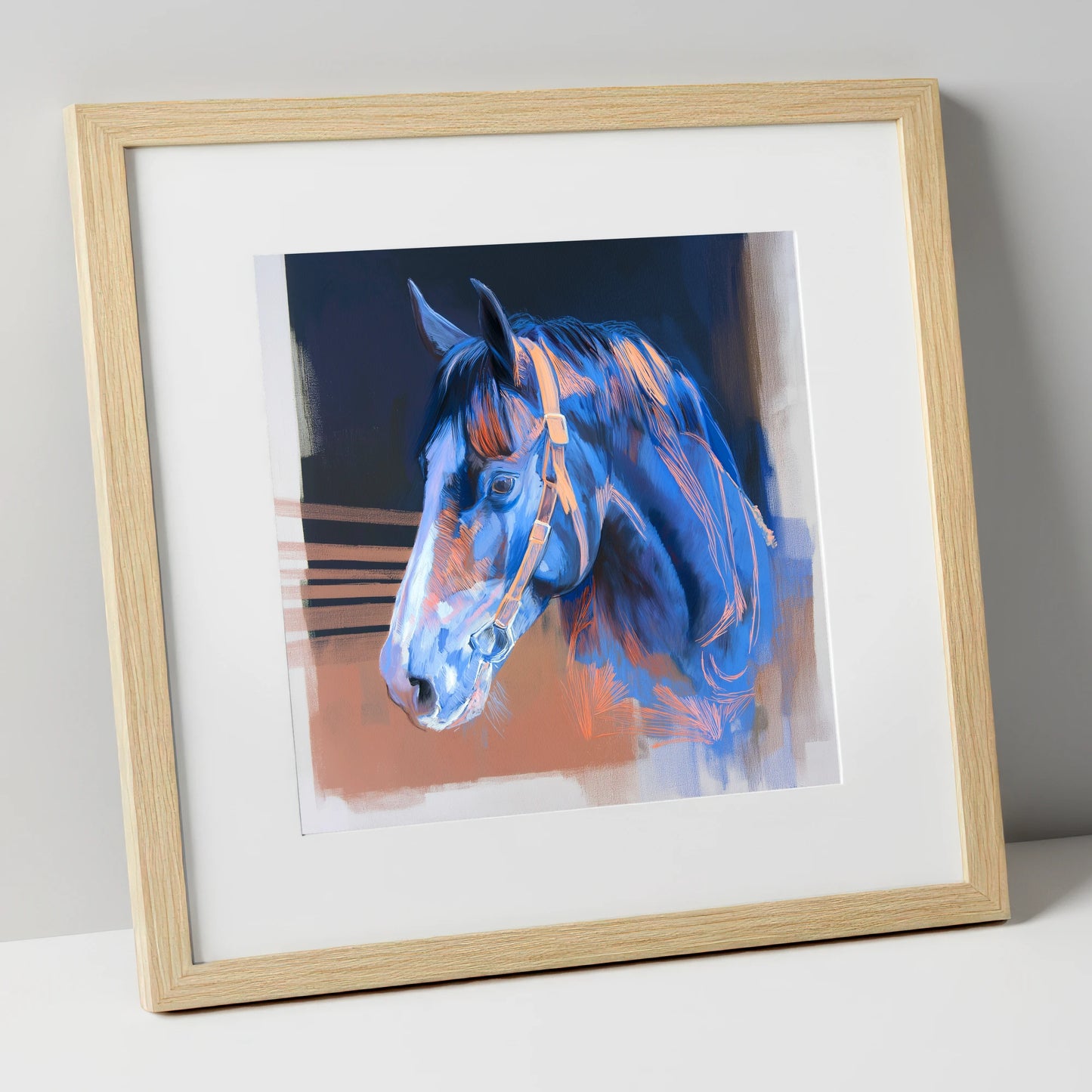 Serene Blue Profile horse portrait art print in natural frame