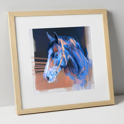 Serene Blue Profile horse portrait art print in natural frame