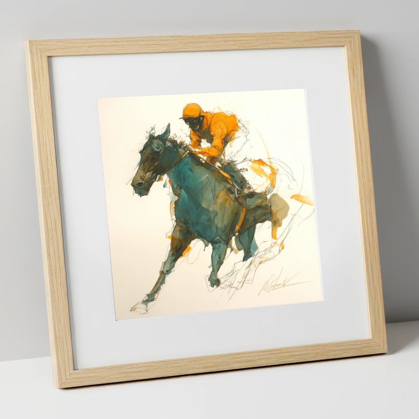 Amber Silks at Speed racing horse art print in natural frame