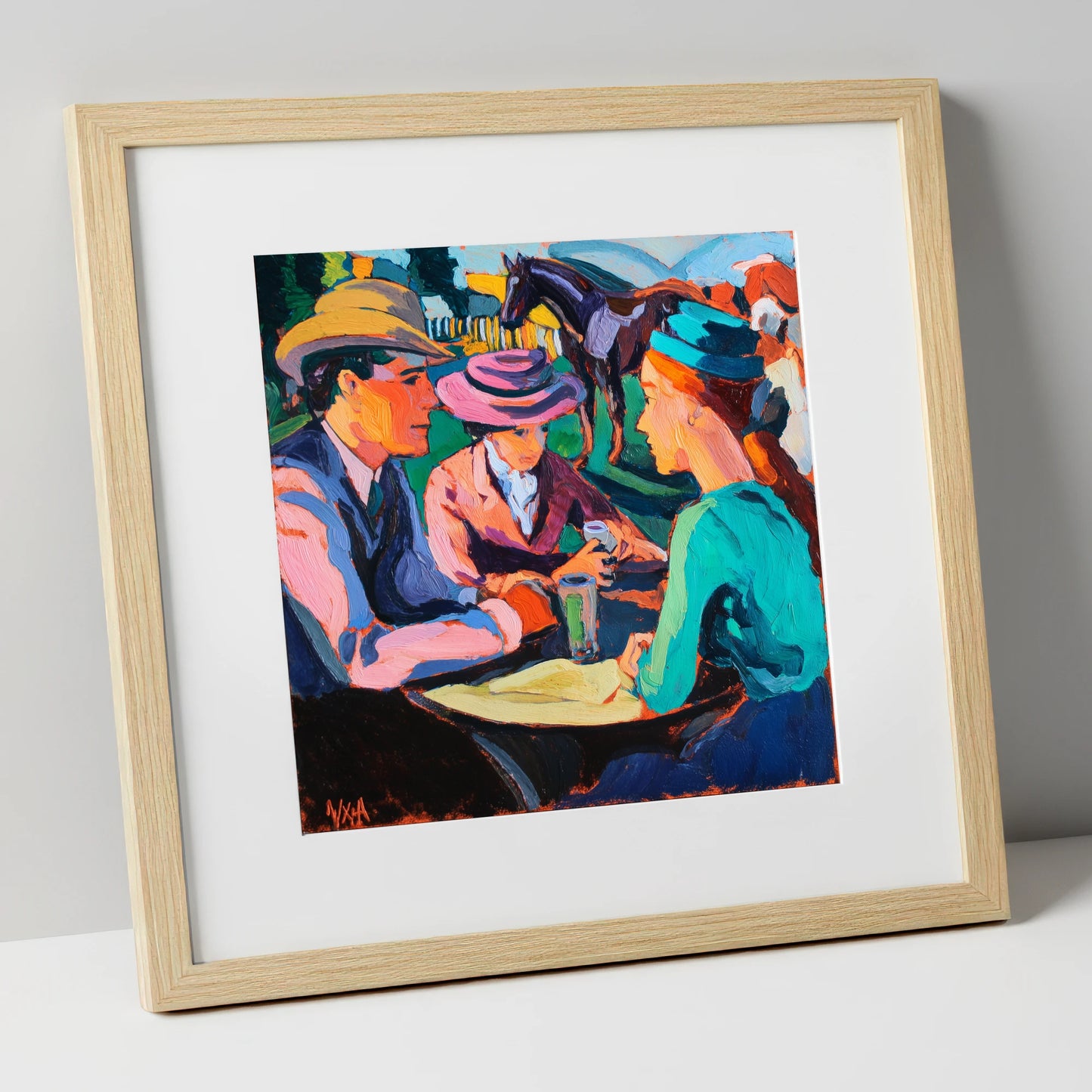 Paddock Society racing horse art print in natural frame