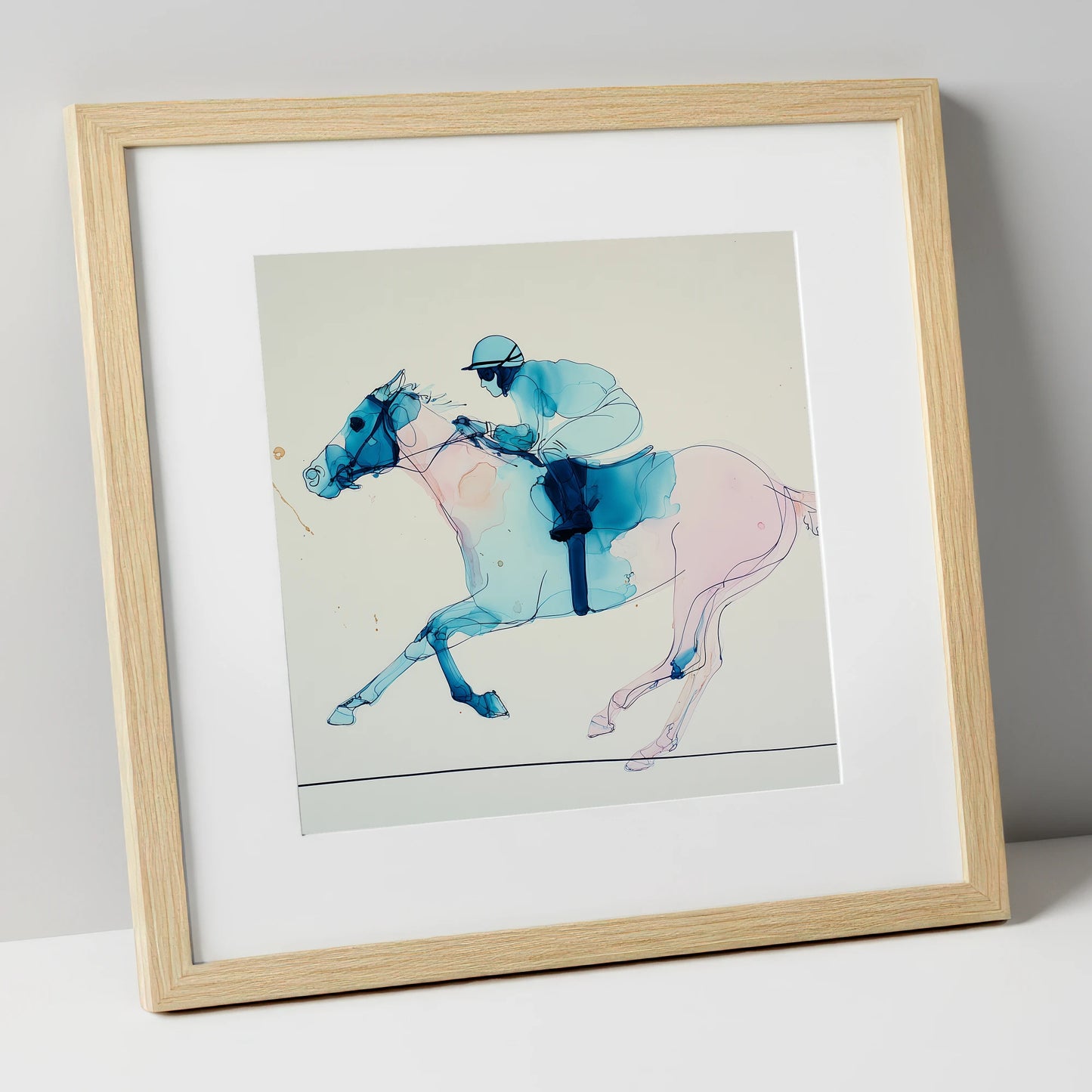 Azure Gallop racing horse art print in natural frame