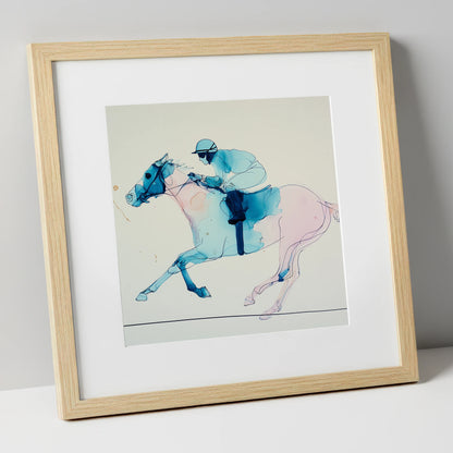 Azure Gallop racing horse art print in natural frame