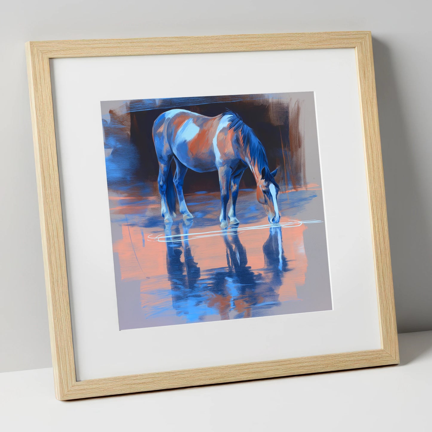 Tranquil Reflection horse portrait art print in natural frame