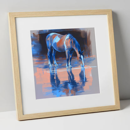 Tranquil Reflection horse portrait art print in natural frame