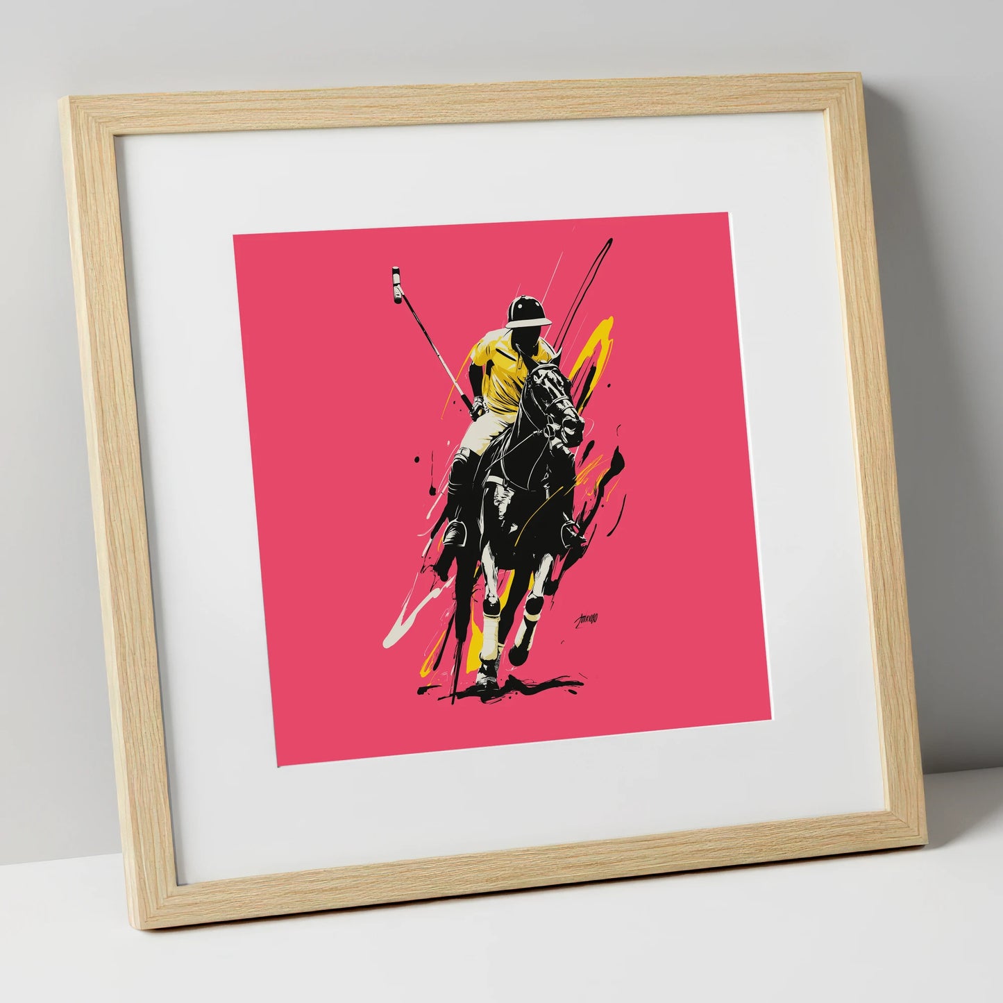 Velocity in Magenta polo horse art print in natural frame
