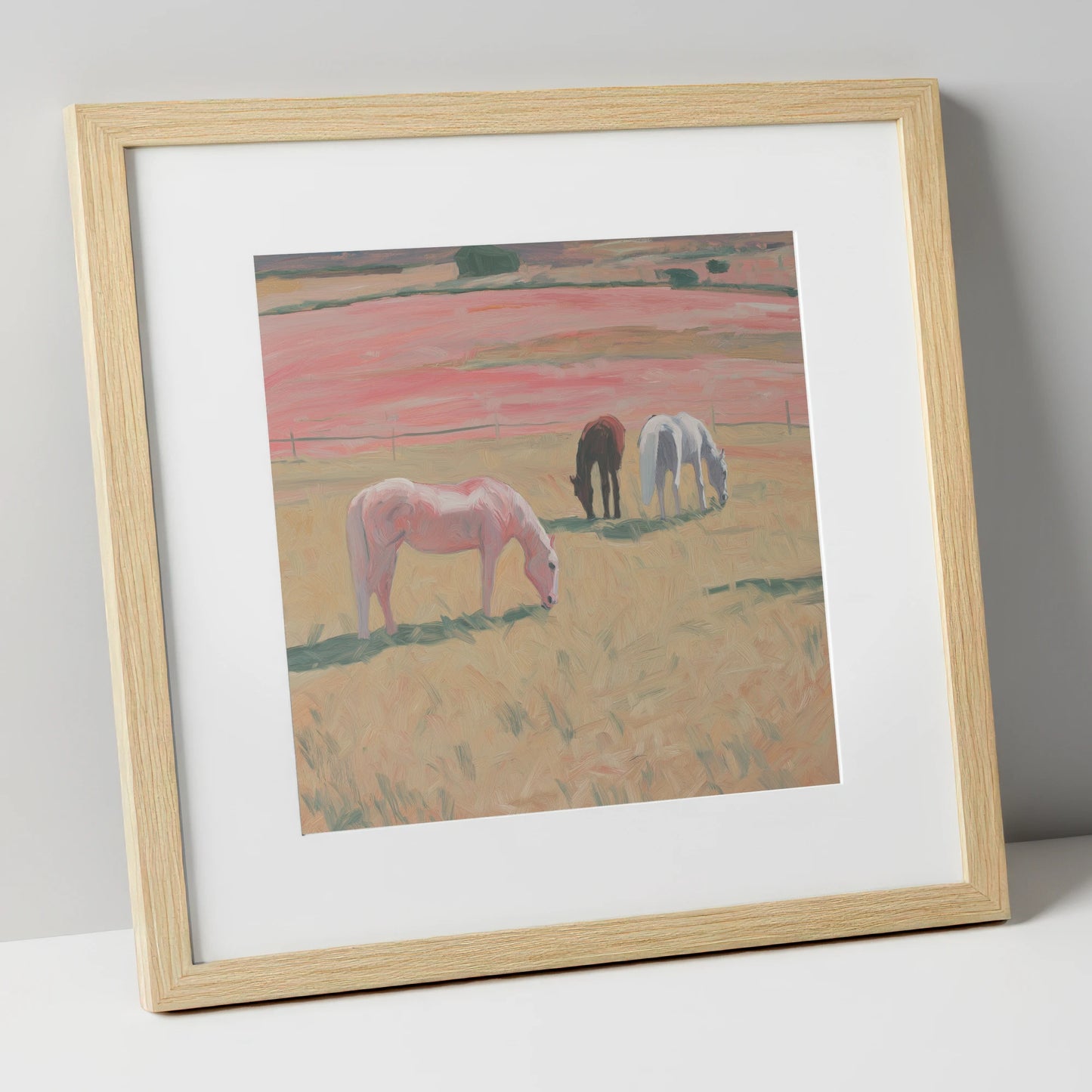 Dusky Meadow Grazing horse landscape art print in natural frame