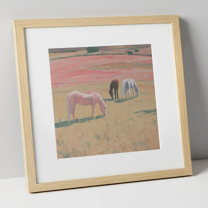 Dusky Meadow Grazing horse landscape art print in natural frame