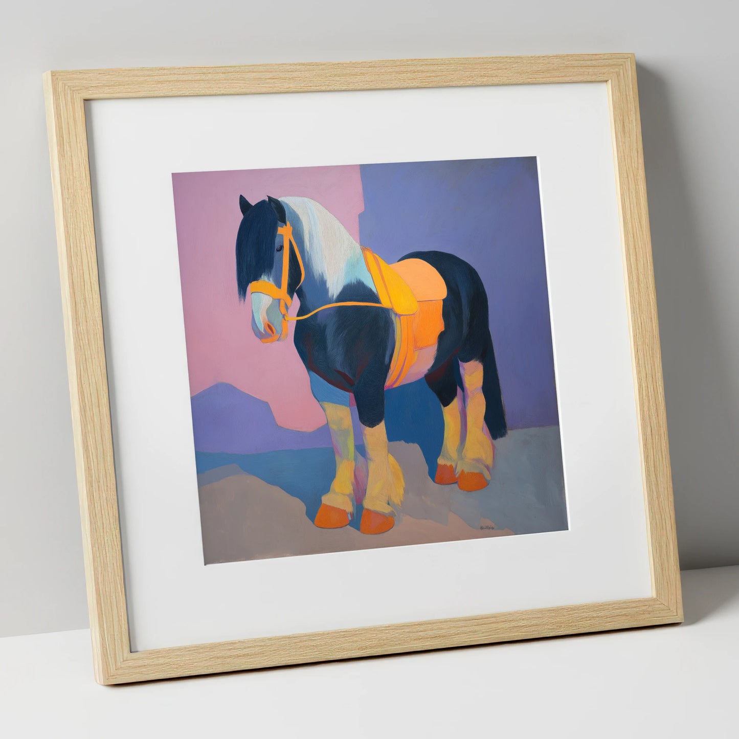 Vibrant Painted Cob horse breed art print in natural frame