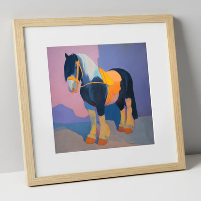 Vibrant Painted Cob horse breed art print in natural frame