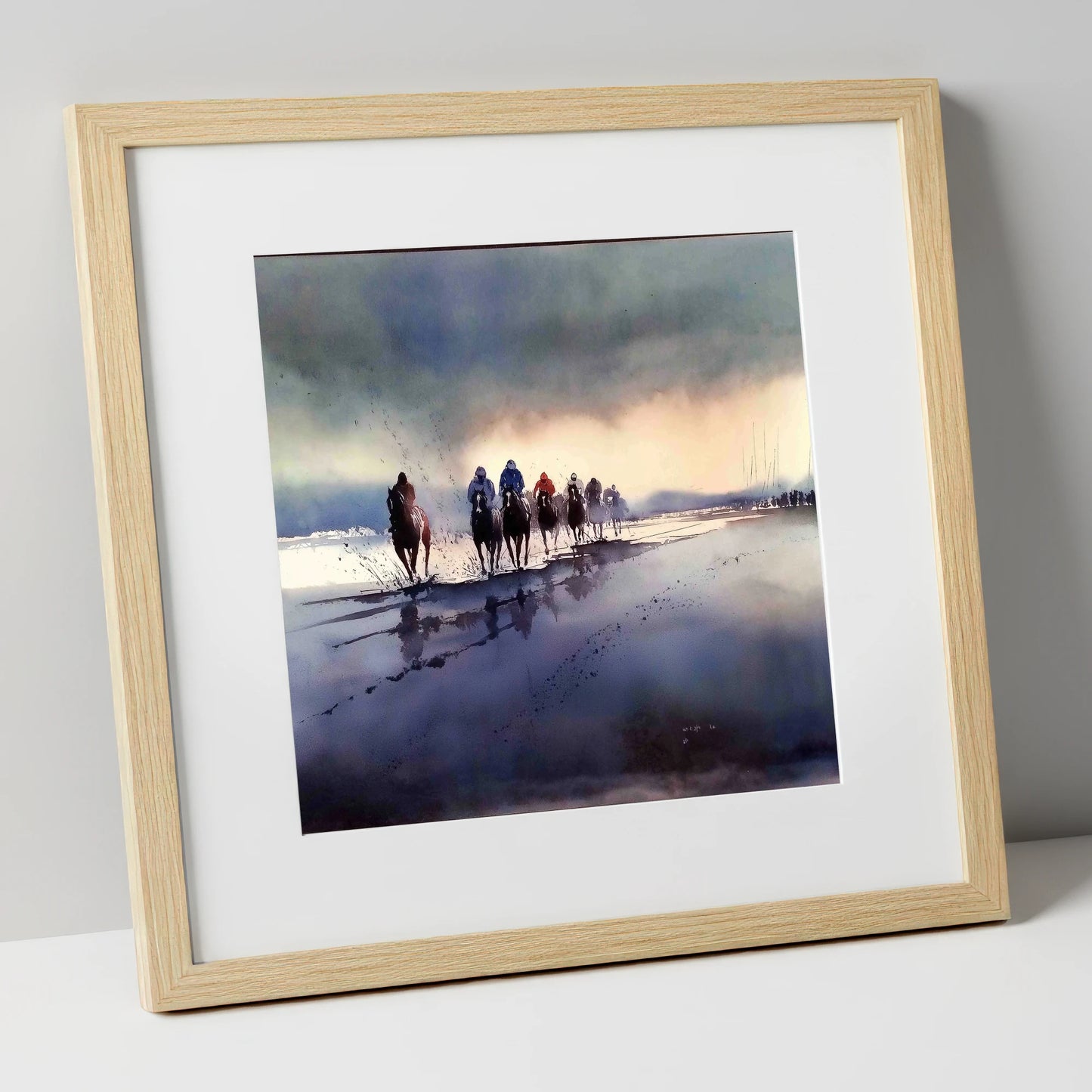 Morning Beach Gallops racing horse art print in natural frame
